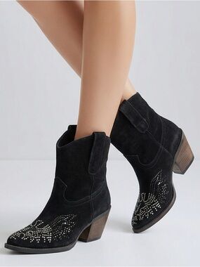 Reba‎ Black Suede AB Studded Cowgirl Western Ankle Boots Size 6.5 M